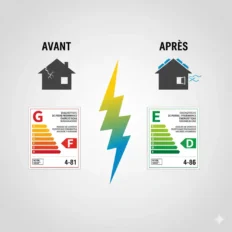 Infographie montrant la transformation d'un DPE, passant d'un classement G (avant) à un classement E (après) grâce à la réforme du DPE.